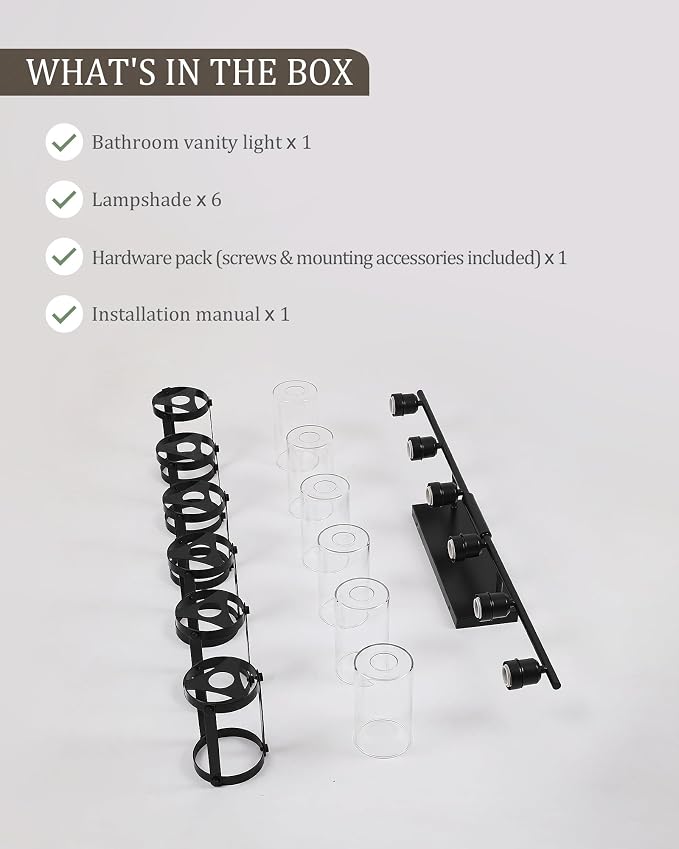 6-Light Matte Black Bathroom Light Fixtures Over Mirror with Clear Glass and Metal Cage Shade, 42" UL-Listed Modern Farmhouse Wall Sconce for Bath, Hardwire E26, OS-3014BK-6W