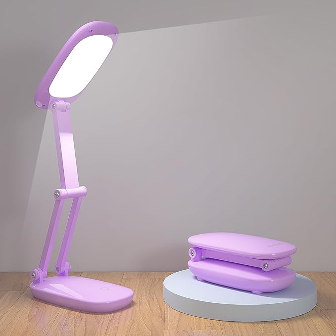 LED Desk Lamp for Office Home & Battery Operated Lamp Rechargeable Lamp Foldable & Portable Light, [2-Fold Bracket] 3 Brightness Dimmable Small Desk Lamp Wireless Reading Lamp (Purple)