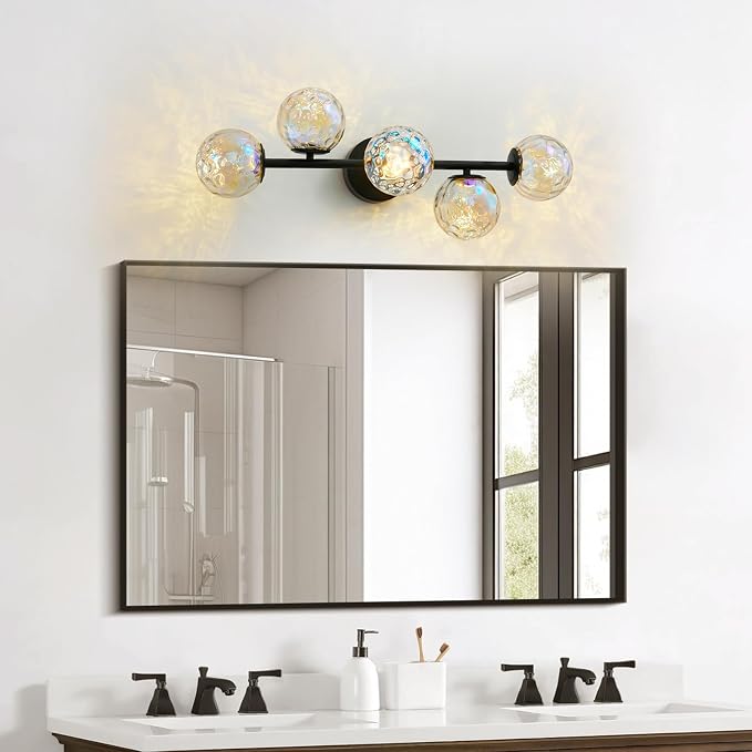 27" Black LED Stained Hammered Glass Globe Bathroom Vanity Light | Colorful Water Ripple Light Effect, Decorative Stained Hammered Glass, Matte Black, Integrated Led Source, Mid Century Design