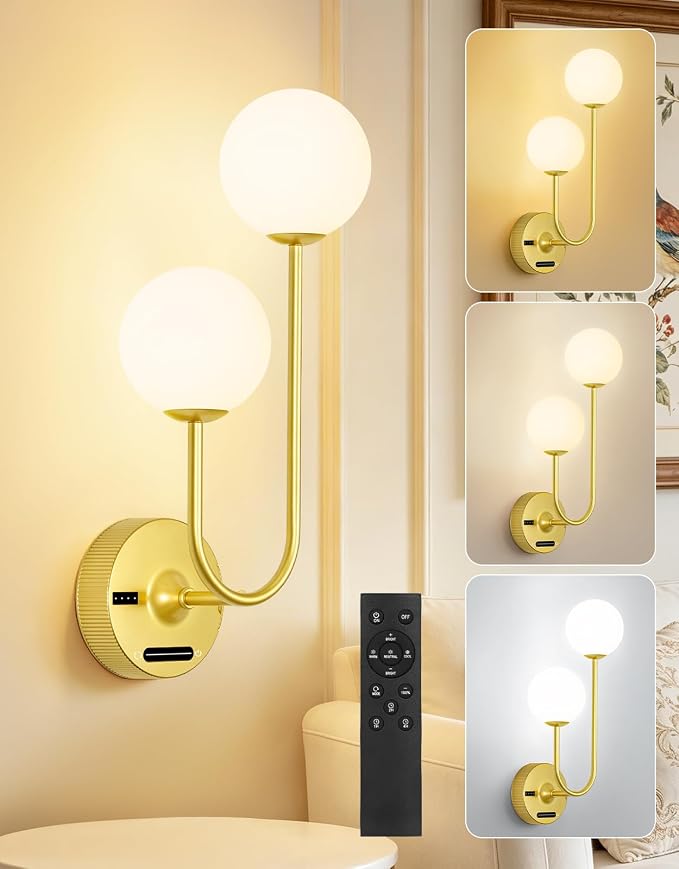OUTON Gold Battery Operated Wall Sconce, 8000mAh Rechargeable Wireless Wall Light with Detachable Battery, Remote & Touch Control, 3 Color Dimmable Wall Mounted Light for Bedroom Living Room Bathroom