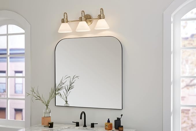 Kichler Farum 3-Light Bathroom Vanity Light, Champagne Bronze | Modern vanity light with opal glass for bathroom mirrors (26" x 9.5"), 55155CPZ