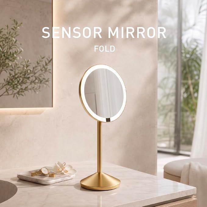 simplehuman Sensor Mirror Fold, 5'' with 5X Magnification, Round Rechargeable Travel Makeup Mirror, Tru-Lux® Full-Spectrum Light, Adjustable Brightness & Height, Brass Steel
