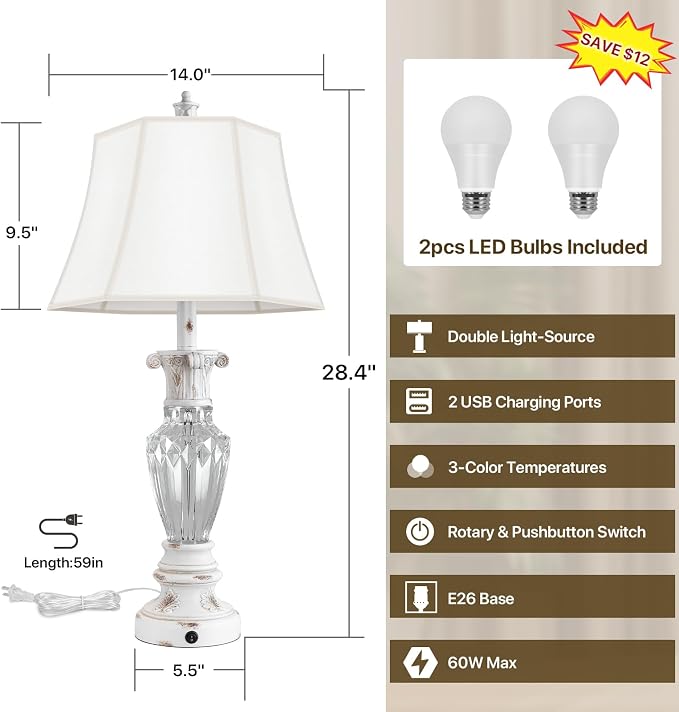28.5" White Table Lamps Set of 2, Resin Glass Nightstand Lamp with USB Port | Vintage Farmhouse Lamp for Living Room Bedroom, 3-Color Temperatures Bedside Lamp, Table Lamp with Nightlight, Bulbs Included