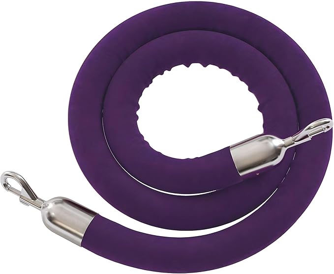 Montour Line Velvet Hanging Stanchion Rope Foam Core, 6 Foot Purple Rope with Polished Stainless Steel Snap Ends