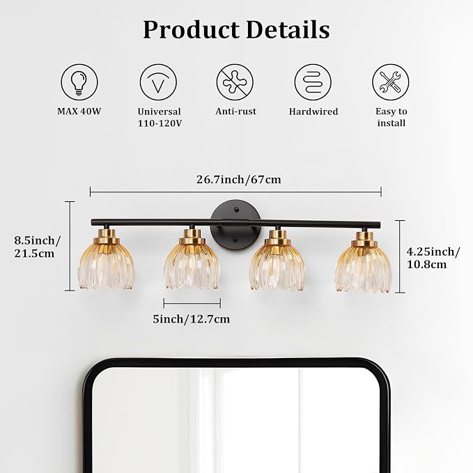 TALOYA Black Gold 4-Light Bathroom Vanity Light with Amber Tulip GlassShade | Modern Vanity Lighting Fixtures, Bathroom Lights Over Mirror, Wall Mount Mirror Light Fixtures for Bathroom Hallway Bedroom