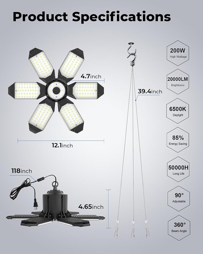 toberich Plug in Garage Light, 20000LM LED Shop Lights 6500K Bay Lighting | 200W Super Bright, Linkable, 9.84 FT Power Cord, Work Light for Garage Workshop Utility Room