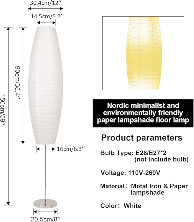 Paper Floor Lamp, 59'' Minimalist Japanese Lamp, Perfect for Living Room, Office, Bedroom, Kids Room, Reading, Home Decor- no Bulb（Oval 2 Pack）