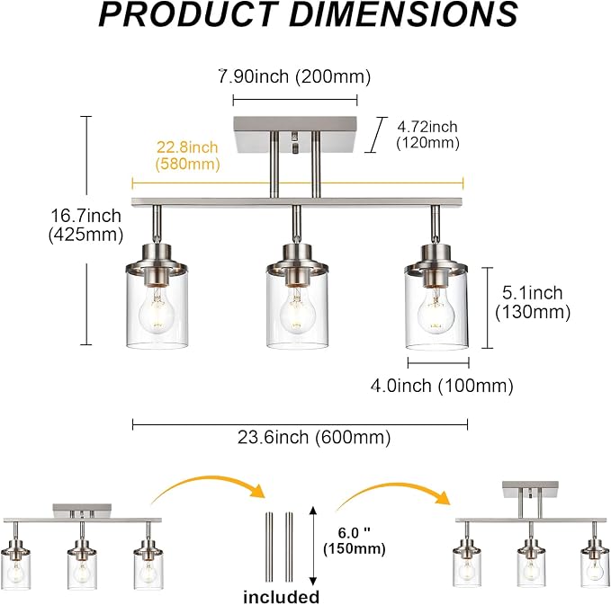 Yaohong 3-Light Track Lighting Kit Brushed Nickel Track Lighting Fixtures, Bathroom Wall Light Ceiling Mount Rotatable Spotlights, Kitchen Ceiling Light Fixtures with Glass Shade for Bathroom Hallway