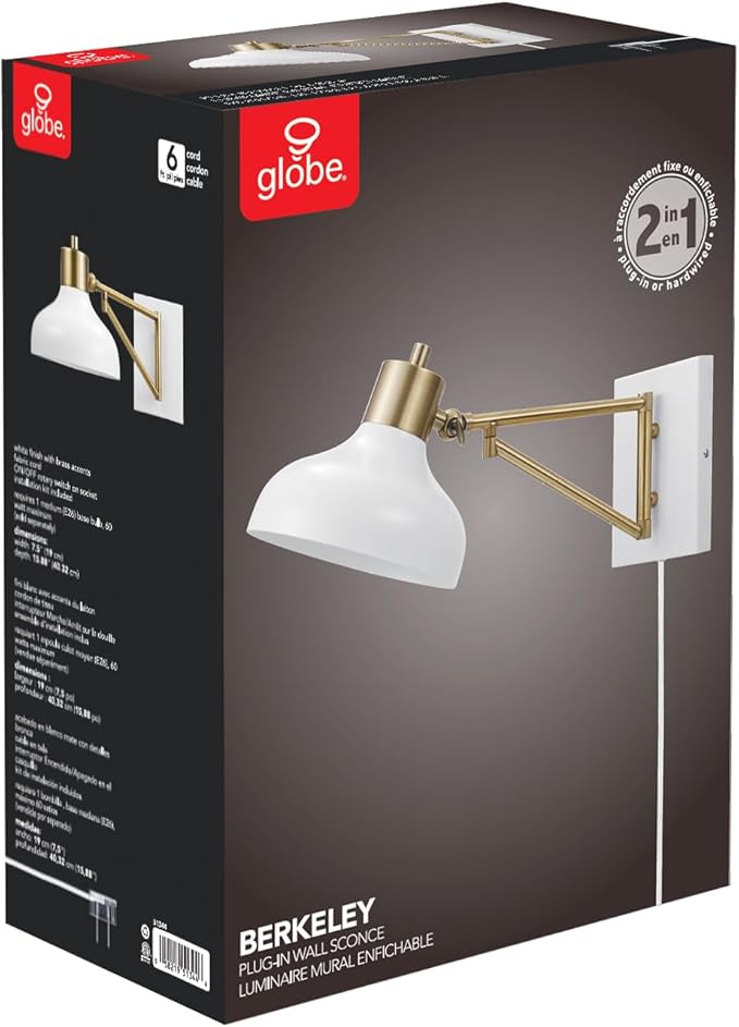 Globe Electric 51344 1-Light Plug-in or Hardwire Swing Arm Wall Sconce, White, Brass Accents, White-Cloth Cord, Mounted Bedside Lamp, Kitchen Sconces Wall-Lighting, Bulb Not Included