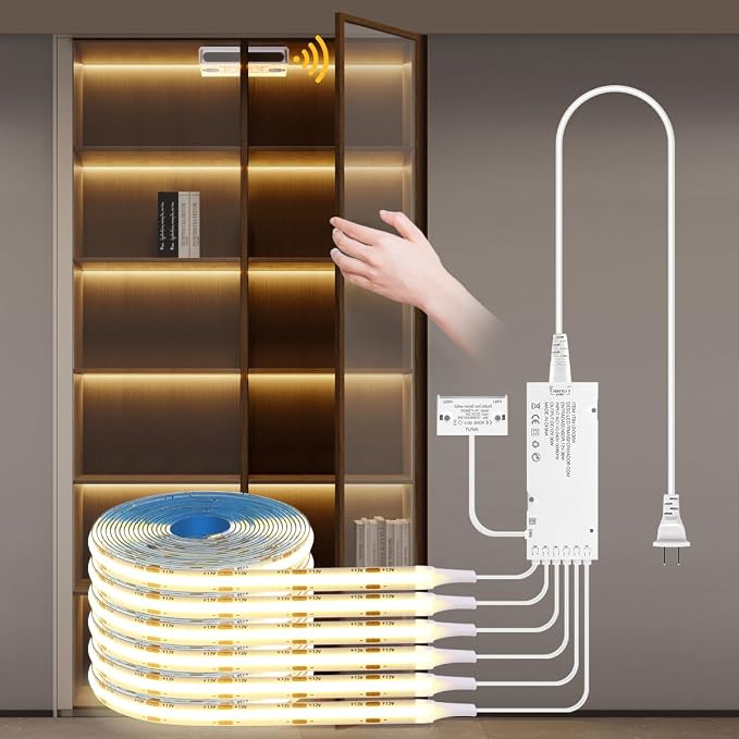 AIMENGTE 12V COB LED Cabinet Lights Strip with Dual-Door Sensor, 6 x 3.3ft Cuttable Under Cabinets Lighting for in-Cabinet, Locker, Closet, Showcase, Gun Safe (Warm White)