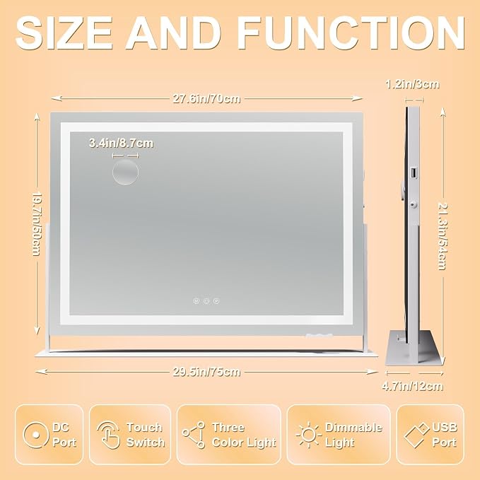 Hasipu Vanity Mirror with Lights, 28" x 20" LED Makeup Mirror, Light up Mirror with 10X Magnification and Phone Holder, USB Charging Port, Smart Touch 3 Colors Dimmable, 360° Rotation (White)