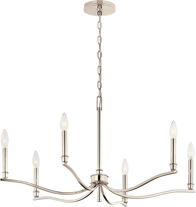 Kichler Malene 6-Light Chandelier, Updated Traditional Light in Polished Nickel, Sloped Ceiling Compatible, for Foyer, Dining Room, Living Room or Bedroom (17.75" x 32"), 52695PN