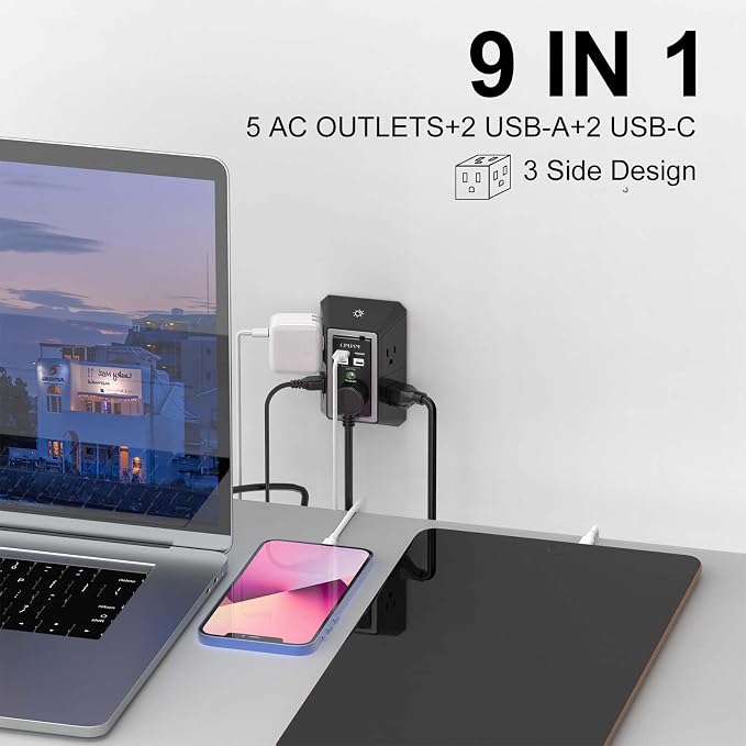3-Sided Surge Protector Power Strip - QINLIANF Multi Plug Outlet with 5 Outlet Extender and 4 USB Ports(2 USB-C) and Night Light, USB Wall Charger for Home, Office, Travel, ETL Listed, Black