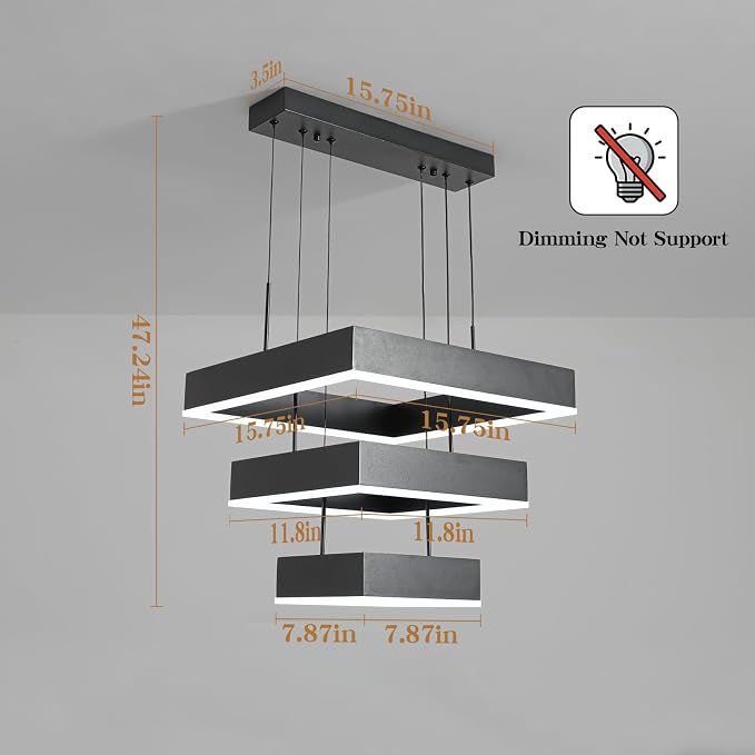 O'NEELDY Modern Chandelier 58W LED Black Pendant Light Embedded Mount Square Rings LED Chandeliers Dining Room Light Fixtures for Kitchen Bedroom, 6000K