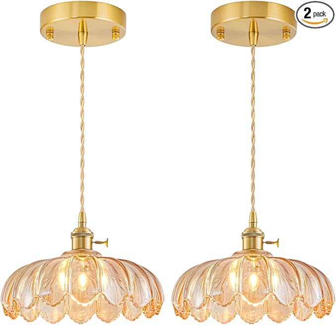 2 Pack Glass Pendant Lights Kitchen Island, Vintage Brass Pendant Light Fixtures, Adjustable Amber Kitchen Pendant Lighting Over Island for Bedroom Living Room Hallway Dining Room