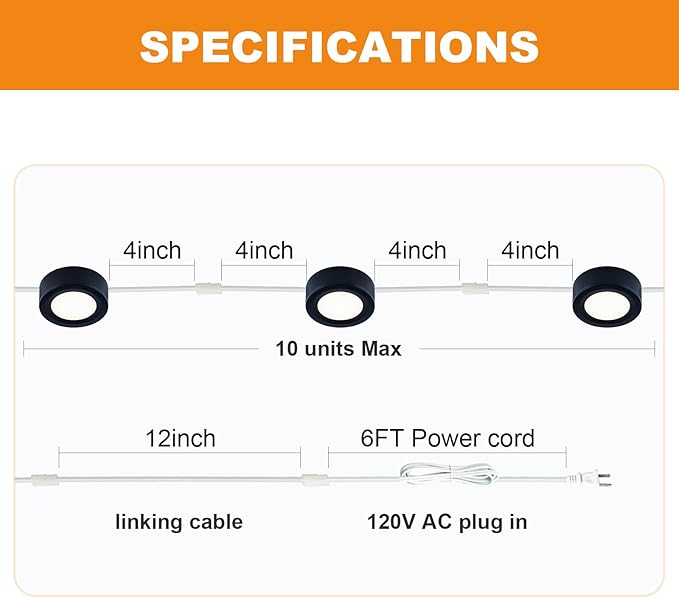 LUMILAND Wired LED Puck Lights (2.7Wx3) Plug-in Lighting Natural White (4000K), LED Cabinet Light for Kitchen Can Be Surface Mount or Recess Mount, Black