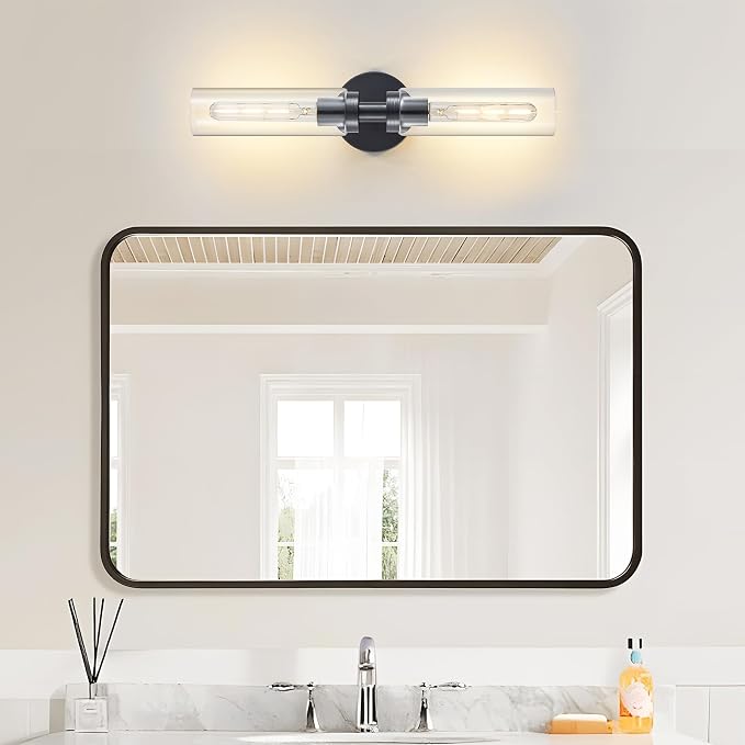 Lanhall 2 Light Bathroom Wall Sconce Set of 2,Modern Farmhouse Black Bathroom Light Fixture Over Mirror with Clear Glass Shade,Bathroom Vanity Light for Hallway Cabinet Bedroom Stairway Porch