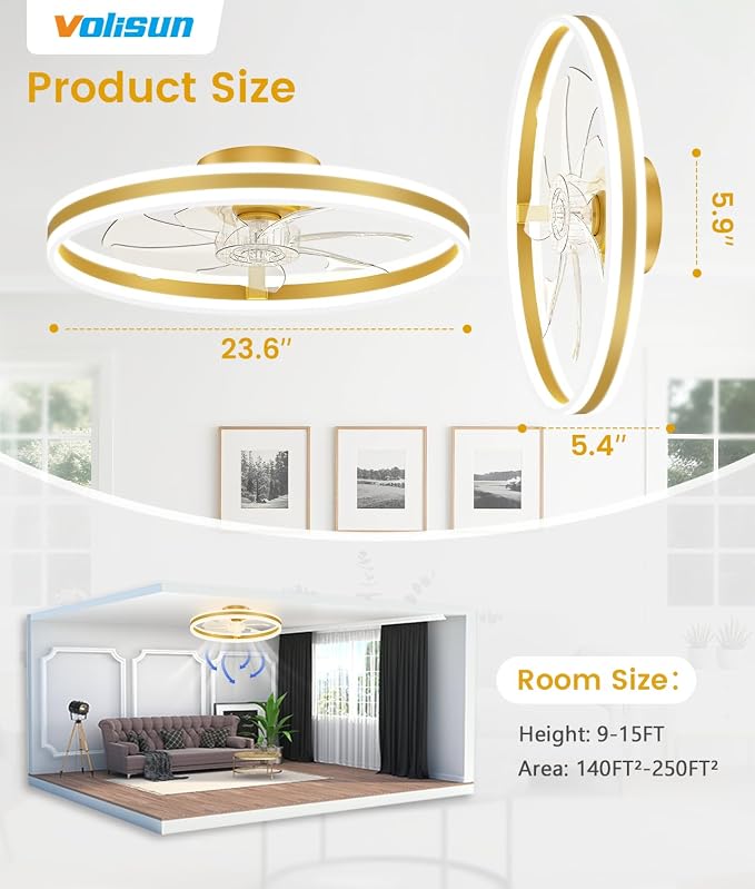 VOLISUN Low Profile Ceiling Fans with Lights and Remote, 24in Flush Mount Ceiling Fans with Light, 3000K-6500K Dimmable Fandelier LED Fan Light, Gold Bladeless Ceiling Fans with Lights for Bedroom