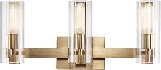 Kichler Jemsa 3 Light Vanity, Modern Light with Clear Fluted Glass in Champagne Bronze for Bathroom or Powder Room (9.75" x 22.75"), 55168CPZ