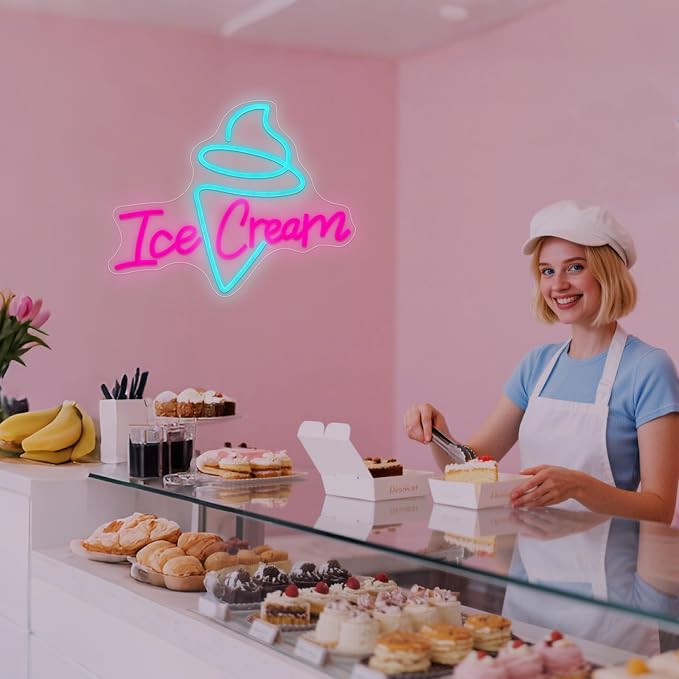 Ice Cream Neon Sign USB Dimmable Letter Light for Store Cafe Shop Decor | Adjustable Brightness Ice Cream Light Up Sign for Business Office Bedroom Restaurant Drink Shop Wall Decoration