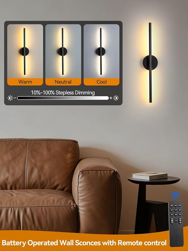 Battery Operated Wall Sconce, 24 Inch Black Rechargeable Wall Lights | Remote & Touch Control, LED Wireless Wall Lamps Dimmable 3000K-6000K & Timer for Bedroom, Living Room, Hallway