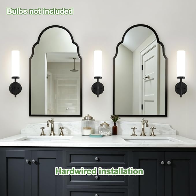 MOKATNG [Hardwired] Wall Sconces Set of Two, Matte Black Bathroom Sconces with Milky White Glass, Modern Wall Light Fixtures for Bathroom Mirror Vanity, Living Room, Hallway, Stairway, Cabinet, Foyer
