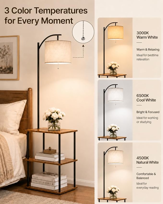 GERGO Floor Lamp with Table, Side Table for Living Room, 3 CCT 9W LED Bulb | Adjustable Linen Shade & Pull Chain, Modern Coffee End Table, Night Stand with Storage Shelves for Bedroom, Office Home Décor