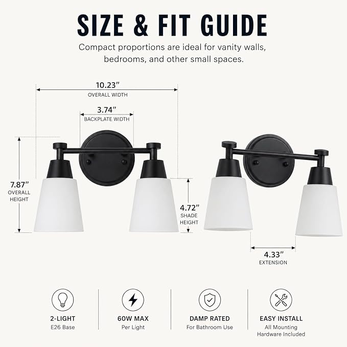 Bathroom Vanity Light, 2 Light Modern Matte Black Stainless Steel Over Mirror Vanity Light Fixture with Frosted Glass, Wall Sconces Lighting for Bedroom Living Room