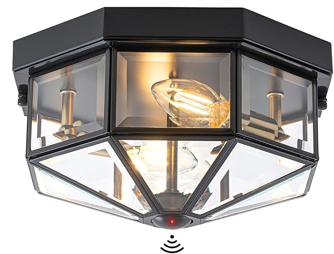 11 Inch Copper Motion Sensor Outdoor Ceiling Light for Porch | 2-Light Design, E12 Base, Dusk to Dawn, Vintage Industrial Style, Clear Tempered Glass, Octagonal Shape