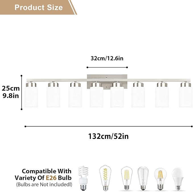 IZORRO Modern Bathroom Light Fixtures, 8 Light Brushed Nickel Vanity Lights, Bathroom Lighting Fixtures Over Mirror with White Glass for Living Room Cabinet Bedroom