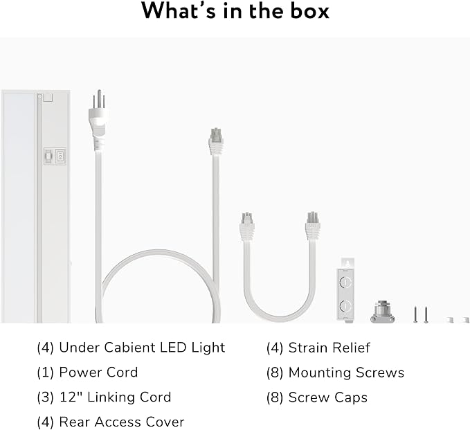 LAGOM Halo 12-Inch LED Under Cabinet Lights, 4-Pack, 3-CCT, White | 2700K/4000K/5000K, dimmable, hardwired/plug-in. Model: UC0112WH274L