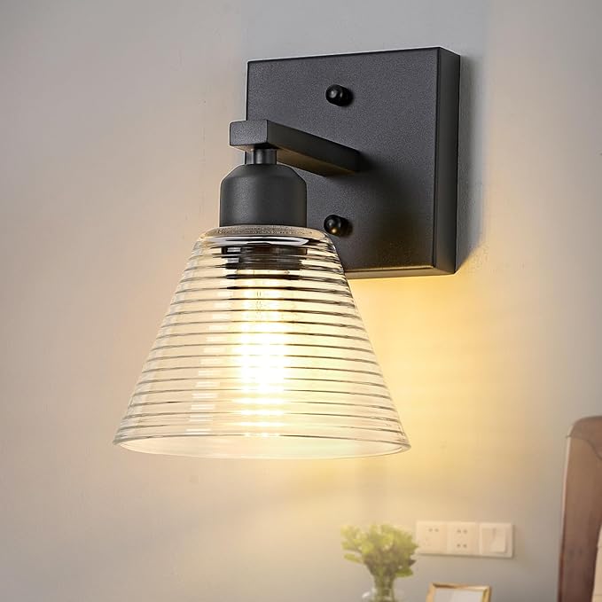 1-Light Bathroom Vanity Light, Black Modern Bathroom Lighting Fixtures with Clear Glass Shade, Farmhouse Wall Sconces for Mirror Kitchen Bedroom Living Room