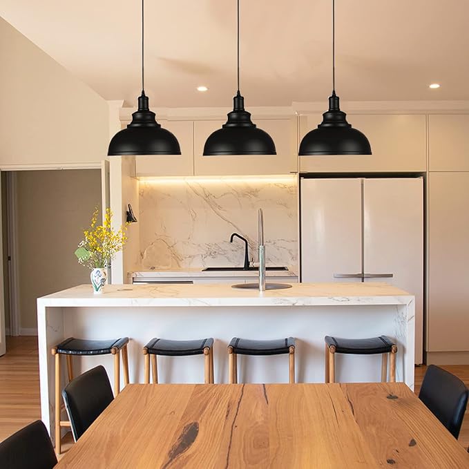 Black Dome Metal Pendant Lights - Hanging Ceiling Fixture for Industrial, Farmhouse Kitchen Island, Dining Room, Foyer (3 pack)