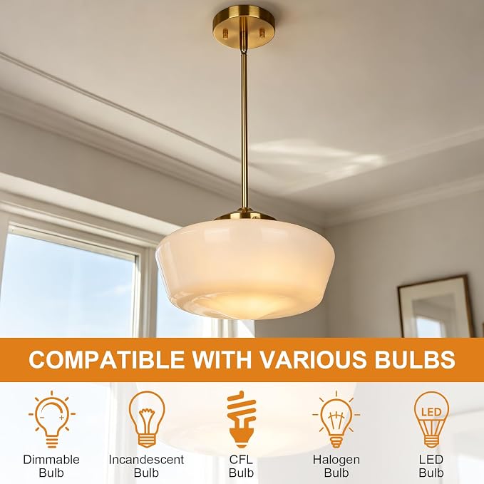 Schoolhouse Pendant Light Fixture, 12" Brass Hanging Light with Opal Milk Glass Shade, Adjustable Farmhouse Globe Pendant Light for Kitchen Island, Dining Room, Hallway, Entryway, Laundry, Bedroom