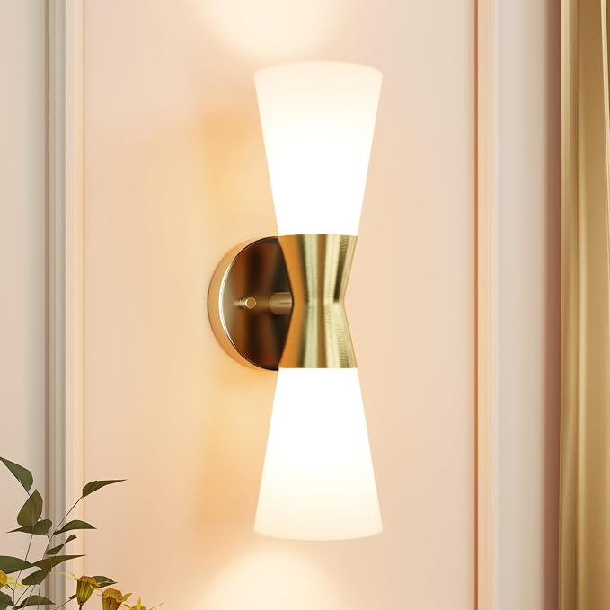 Bathroom Wall Sconce, Modern Indoor Vanity Light Fixtures 15", Up Down Lighting, Wall Mount Lamp for Living Room Bedroom Hallway Stairway Fireplace Mirror E26 Base 1PC White&Gold