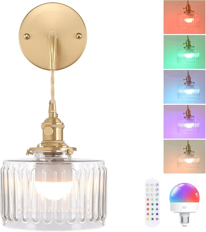 Shenmoyl Battery Operated Wall Sconce with Clear Striped Shade Pattern Glass Adjustable Chain Retro Gold Wall Mounted Light, Modern Wall Lamp Fixtures Decor for Bedside Bedroom Indoor Doorway