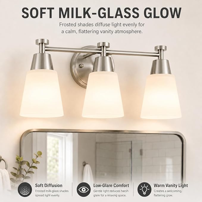 3-Light Bathroom Vanity Light, Brushed Nickel Finish with Milk Glass Shades, Over Mirror, for Bathroom Vanity
