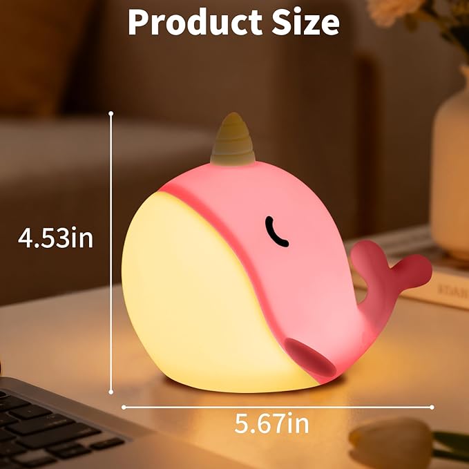 Cute Narwhal Night Light, Tap Control with 3 Warm White Brightness, USB Kids Bed Lamp with 30-Minute Timer, Soft Silicone Glow for Nursery, Birthday Gift(Pink Narwhal)