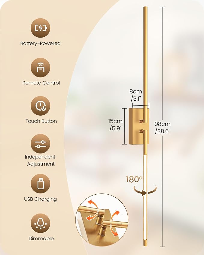 38.6" Wireless Battery Operated Wall Sconces Set of Two,Rechargeable Lamp with Remote, DIY Rotation, 10000mAh Battery, Touch Dimmable Lights for Living Room Hallway Bedroom, Gold D08YBP205