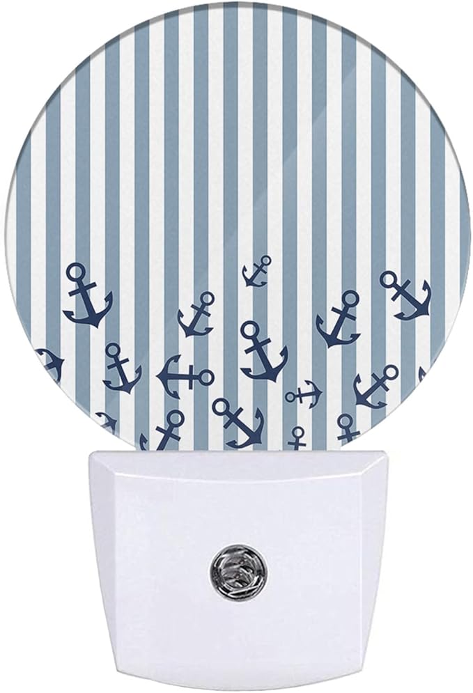 EKOBLA Watercolor Anchor LED Night Light Blue and White Stripes Nautical Coastal Dusk to Dawn Plug-in Nightlights Auto Sensor for Home Indoor Bathroom Hallway Kitchen