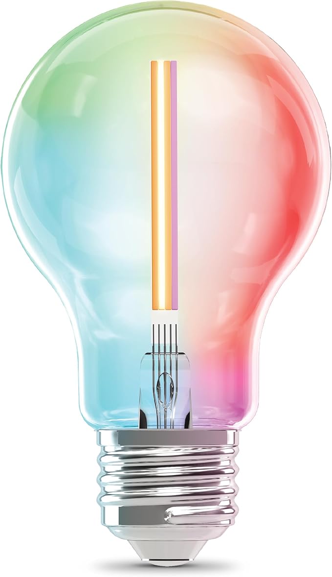 Feit Electric A19 LED Smart LED Light Bulb, 40W Eq, RGB Color Changing | Dimmable, Straight Filament, 2.4GHz Wi-Fi, App/Voice Control, Works with Alexa/Google Asst, Ideal for Decorative Fixtures