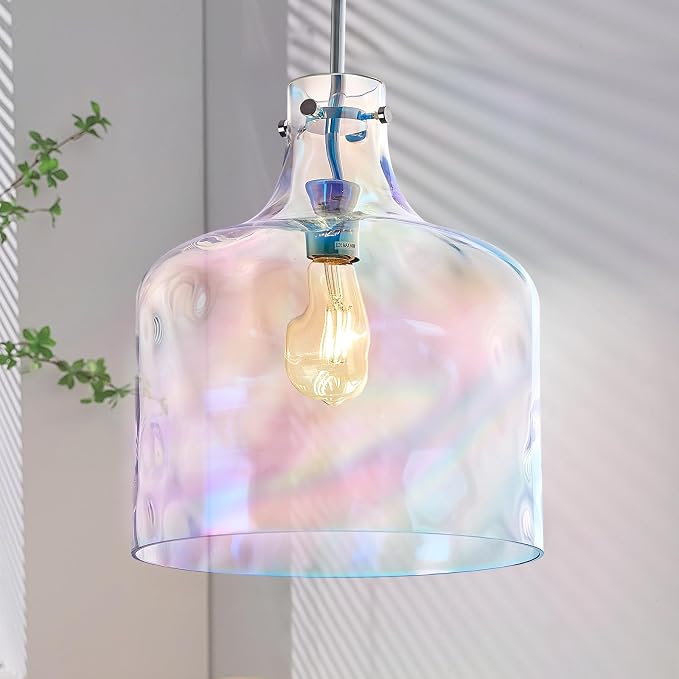 Colorful Hammered Glass Pendant Light, Chrome Hanging Light, 12-Inch | Hand-blown colorful hammered glass pendant light, adjustable chain, E26 socket, ideal for kitchen island lighting.