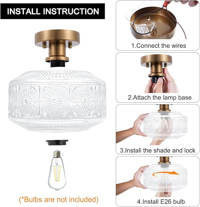 DSMJFU Semi Flush Mount Ceiling Light, Brass Thick Glass Fixture | Thick Glass Shade Creates Soft Warm Glow, Semi Flush Design Fits Low Ceilings, Ideal for Hallway Bedroom Bathroom Laundry