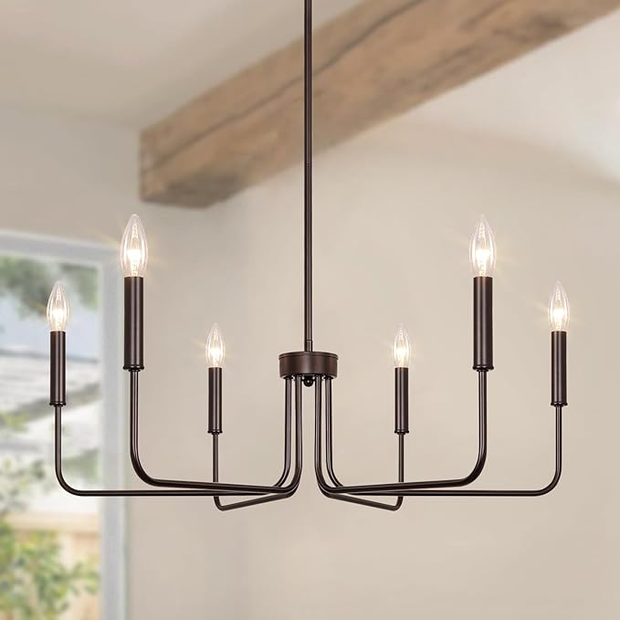 6-Light Farmhouse Chandelier for Dining Room Lighting Fixtures Hanging, Oil Rubbed Bronze Candle Chandelier Rustic Industrial Modern Chandelier for Living Room, Bedroom, Foyer, Kitchen