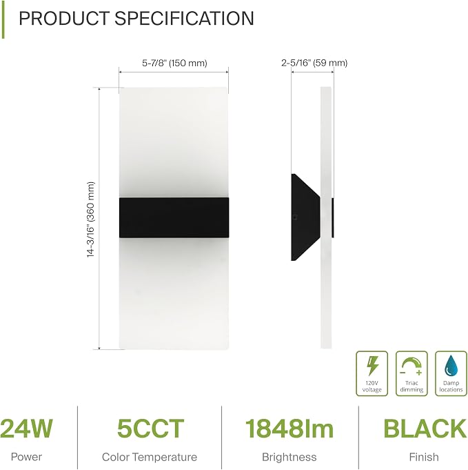 ASD 14 Inch Indoor LED Wall Sconce - 24W 2700K-5000K Dimmable Black Wall Sconce Lights for Living Room, Bedroom, Bathroom, Hallway - Modern Wall Sconces Hardwired, ETL Interior Light, Set of 2