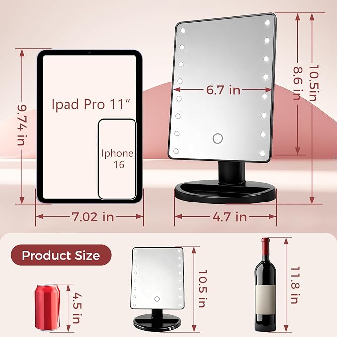 KOOKIN Lighted Vanity Makeup Mirror Led Lights 180 Degree Rotation Lighted Mirror Touch Screen Adjusted Brightness Desk Mirrors USB Dual Supply Bathroom Beauty Cosmetic Mirrors (Black)
