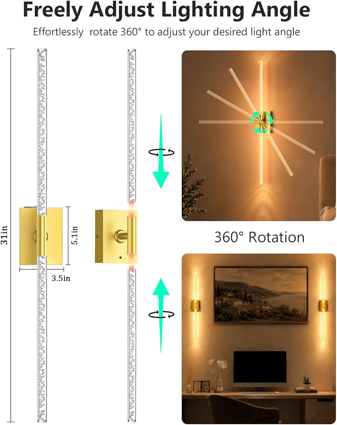 Battery Operated Wall Sconces Set of 2, Crystal Bubble Wireless Wall Light | Rechargeable 10000mAh, Touch & Remote Control, 360°Rotate 4CCT Dimmable, Wall Lamp for Living Room Bedroom Hallway Gold 31.5"
