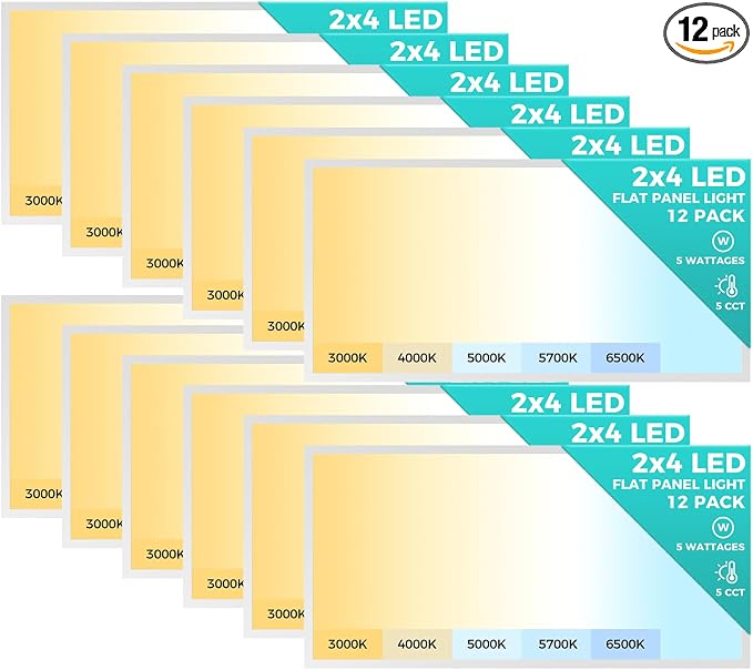 2x4 LED Flat Panel Light, 9100LM Recessed Drop Ceiling Light 12Pack | 0-10V Dimmable,Selectable 5 CCT 3000K/4000K/5000K/5700K/6500K, 5 Wattages 30W/40W/50W/60W/70W, for Office and Kitchen