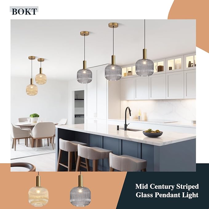 BOKT Modern 1-Light Gold Globe Pendant Light Mid Century Smoke Gray Ceiling Pendant Lighting Glass Ball Round Pendant Lamp Single Brushed Brass Pendant Light Fixture Kitchen Island (Smoke Gray)