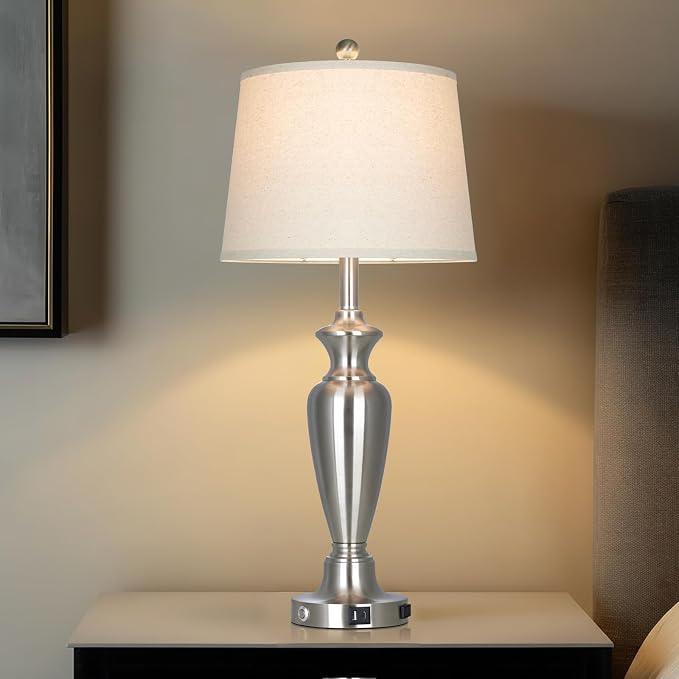 Silver Table Lamp for Living Room Single, 30″ Tall Touch Control Bedside Lamp for Nightstand, 3-Way Dimmable Bedroom Lamp with USB A+C Ports and AC Outlet (1 Pack)